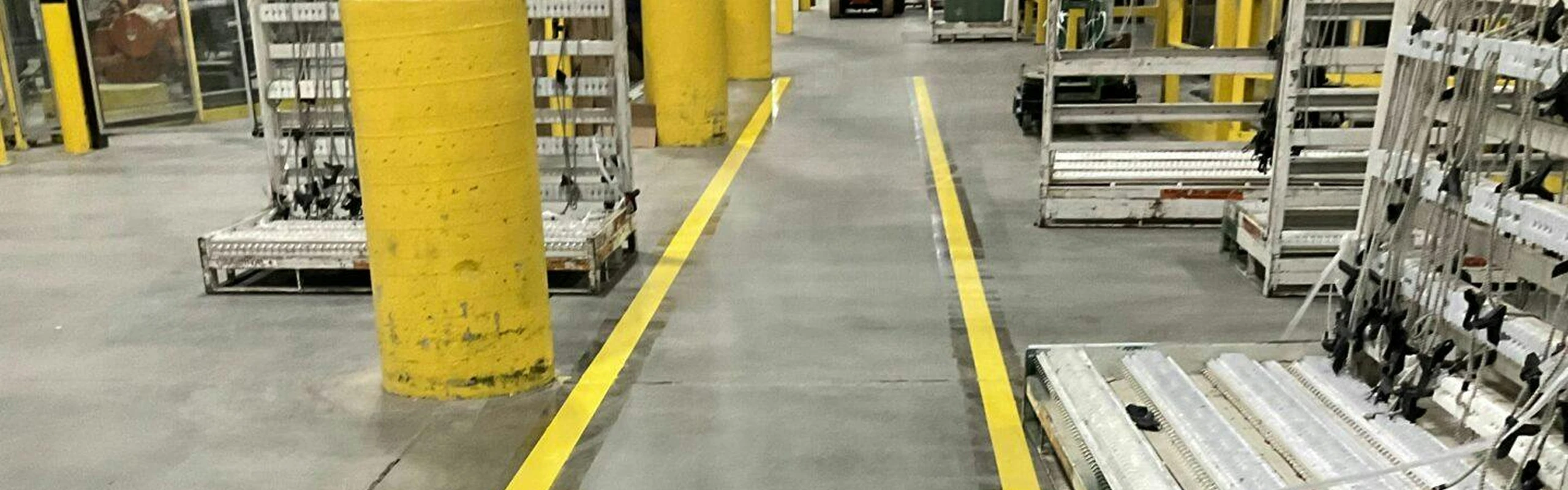 Fresh yellow floor lines marking aisles and walkways between round columns and storage racks on a concrete factory floor at Cardinal Glass Industries.
