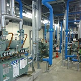 Industrial cold storage room with machinery and bright blue painted pipes, showing protective coating applied in temperature-controlled space.